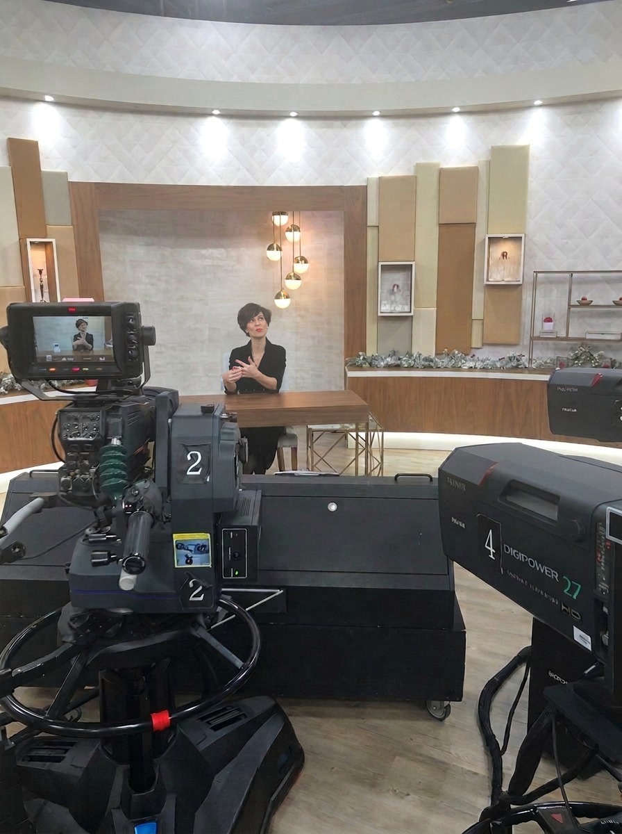 Marjorie Philibert sur un plateau de télévision, face aux caméras